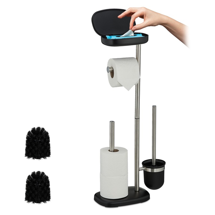 Suport hartie igienica Relaxdays, cutie depozitare servetel umede, rezerva hartie igienica, perie toaleta + 2 rezerve, 69 x 31 x 16 cm, din otel inoxidabil/plastic, Negru