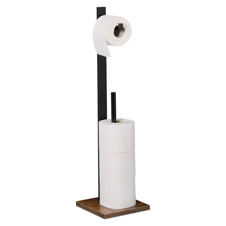 Стойка за тоалетна хартия Relaxdays, с място за съхранение, 71 x 19 x 19 см, от бамбук/MDF, Черно/Кафяво