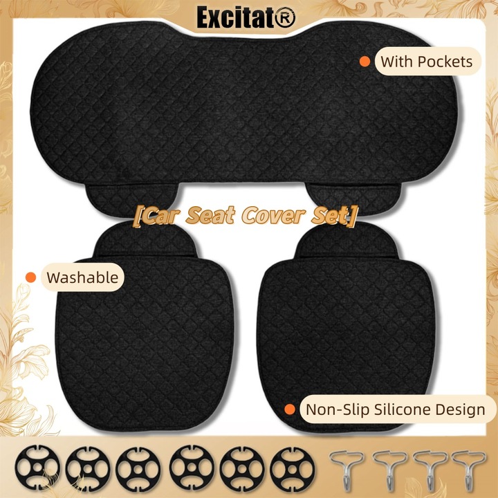 Set 3 Huse Protectie Scaun Auto, Excitat®, Universala, Cu buzunare, Lavabila, Design din silicon anti-alunecare, Protectie matlasata pentru sezut bancheta spate, Poliester, Cu clema de fixare si carlig, 49 x 50cm/135 x 48cm, Negru