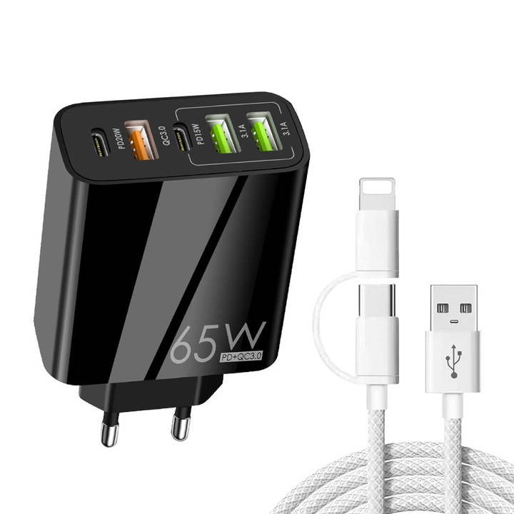 Incarcator Retea, 5 Porturi, 65W Fast Charge, 3 x USB, 2 x Type-C, Cablu de date inclus 2 in 1 USB-C/Tip Lightning, Universal Multiport, Compatibil telefon, smartwatch, iPhone, Huawei, Samsung, Xiaomi, Negru