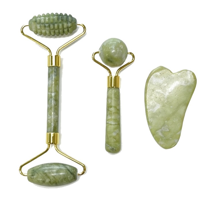 Комплект за масаж на лице от естествен нефрит 3 в 1, зелен, с лифтинг и стягащ ефект