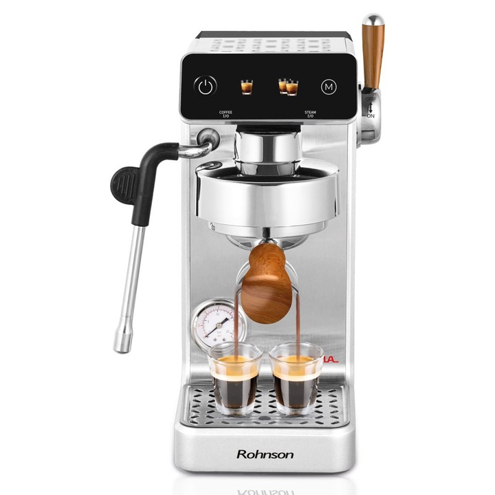 Espressor profesional Rohnson R98300, 2700W, 1.2L, maneta otel, pompa 20 bar, metalic, 14x32x31cm