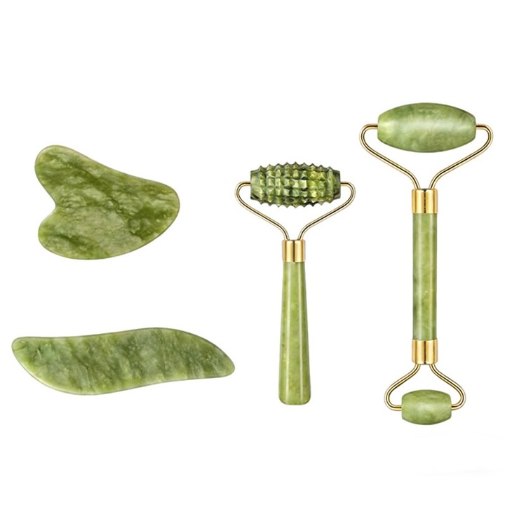Комплект за масаж на лице 4 в 1, естествен зелен нефрит, зелен