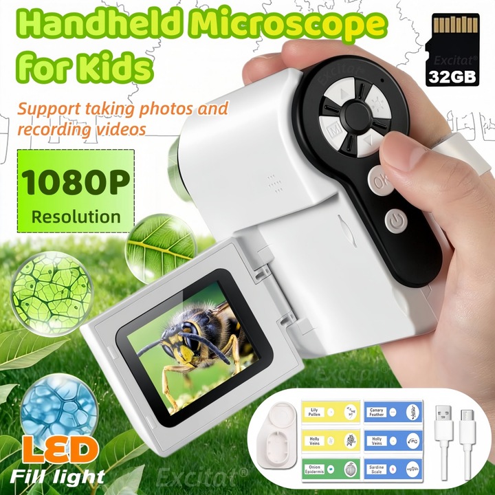 Microscop Portabil Digital Pentru Copii, Excitat®, cu 3 Moduri, Inregistrare Full HD, LED, Baterie de mare capacitate, USB, Functie Foto/Video, Microbiologic, Pentru Experiment Stiintific Pentru Student, Card de memorie de 32 GB, inclusiv accesorii, Alb