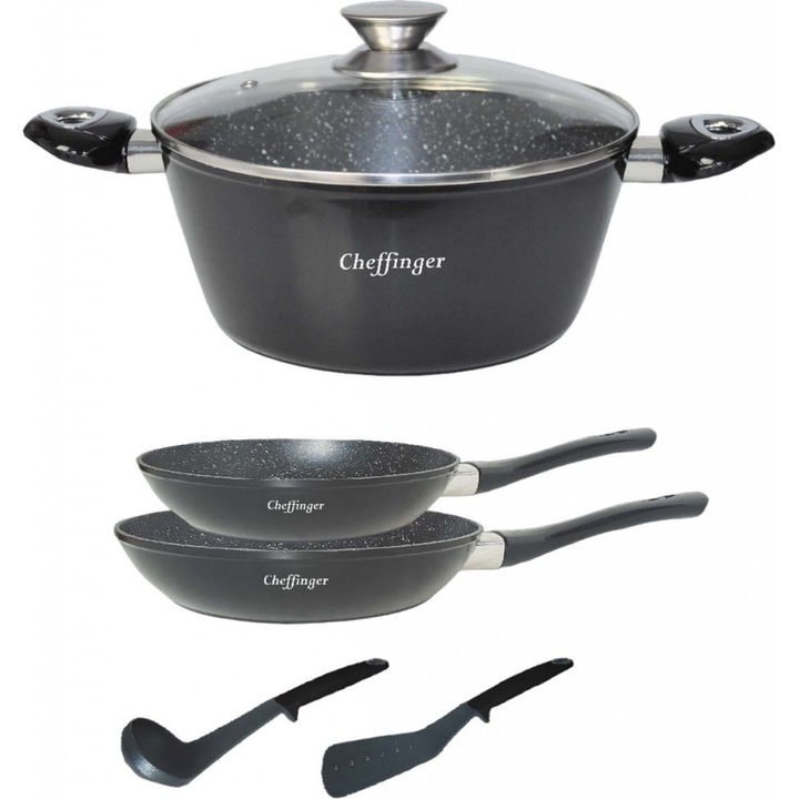 Комплект съдове за готвене Cheffinger, 6 части, Метален корпус, Незалепващо мраморно покритие, Индукция, Диаметър: 24, 28, 24 сантиметра, Черен