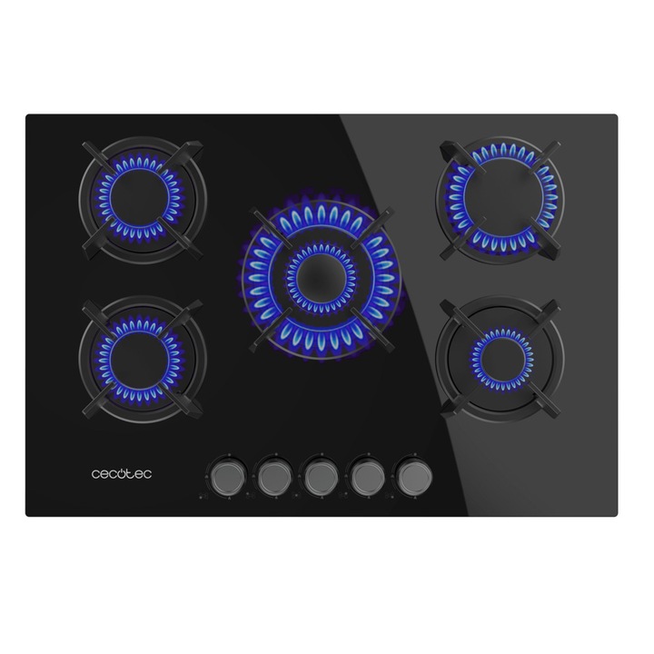 Plita incorporabila pe gaz Cecotec, Bolero Squad G, 75 cm, 11kW, 5 arzatoare, arzator WOK 3.5 kW, grilaje individuale fonta solida, comutatoare rotative, aprindere electrica automata, oprire de siguranta, finisaj sticla securizata, negru