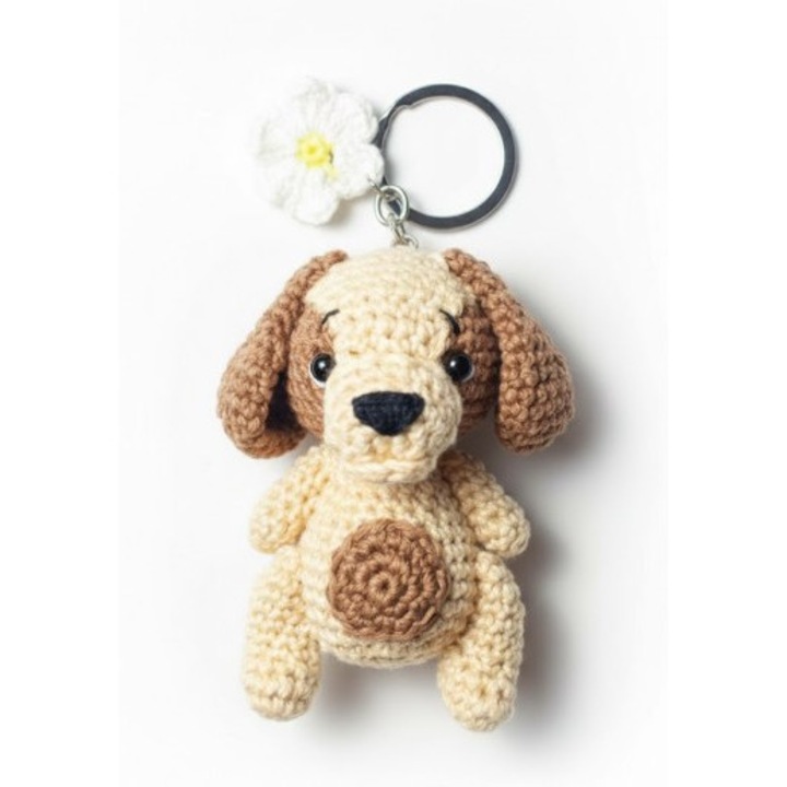 Плетен на ръка ключодържател кученце - Амигуруми от памук, аксесоар цвете, 11-13 см, крем/кафяв
