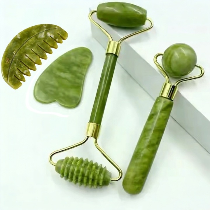 Set de masaj pentru fata Jade Gua Sha - 4 in 1 Instrumente de ingrijire a pielii cu rola si masaj Masaj facial si instrument Guasha pentru ochi, gat, relaxare musculara si reducerea ridurilor