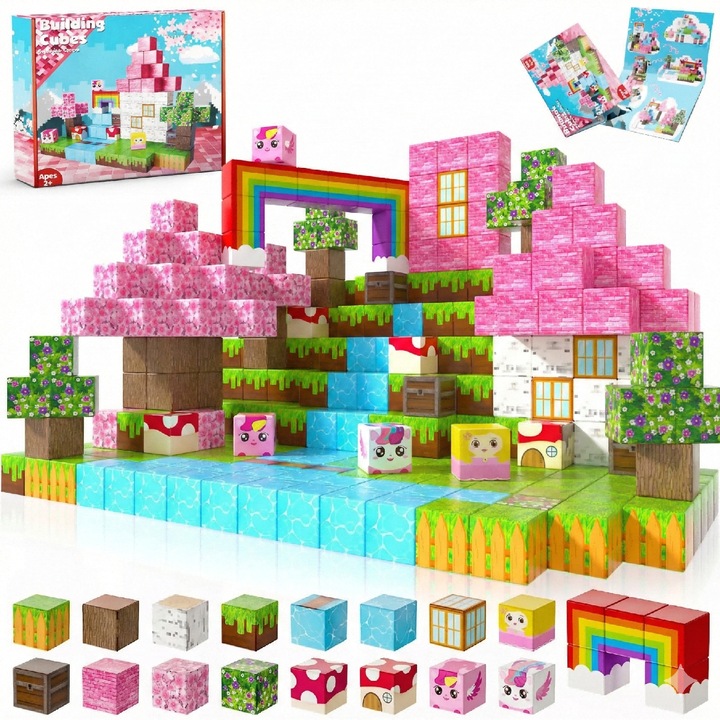 Set de cuburi magnetice 100 bucăți, AMLGBTOP, jucării Montessori, culori mixte, pentru copii 3-12 ani