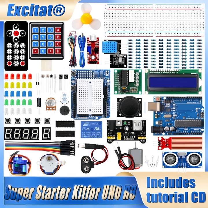 Kit de programare Arduino UNO R3, Excitat®, Kit start componente electronice, senzori si motor pas cu pas, servo motor SG90, 1602 LCD, Telecomanda, Componente pentru Incepatori, Tutoriale CD incluse, Metal, Multicolor
