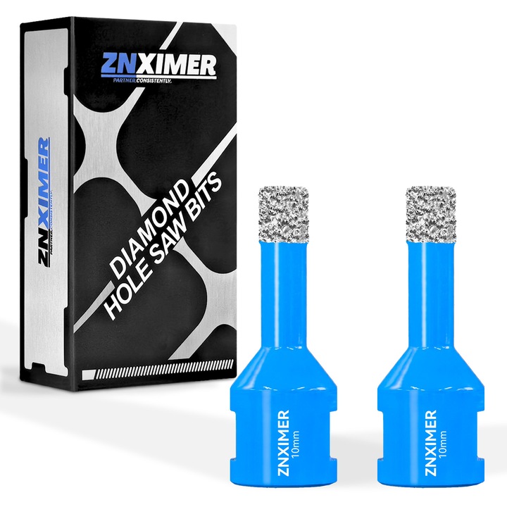 Set 2 x Carote diamantate ZNXIMER M14, 10mm, pentru gresie, faianta, granit, marmura, ceramica, gaurire uscata si umeda, compatibile polizor unghiular