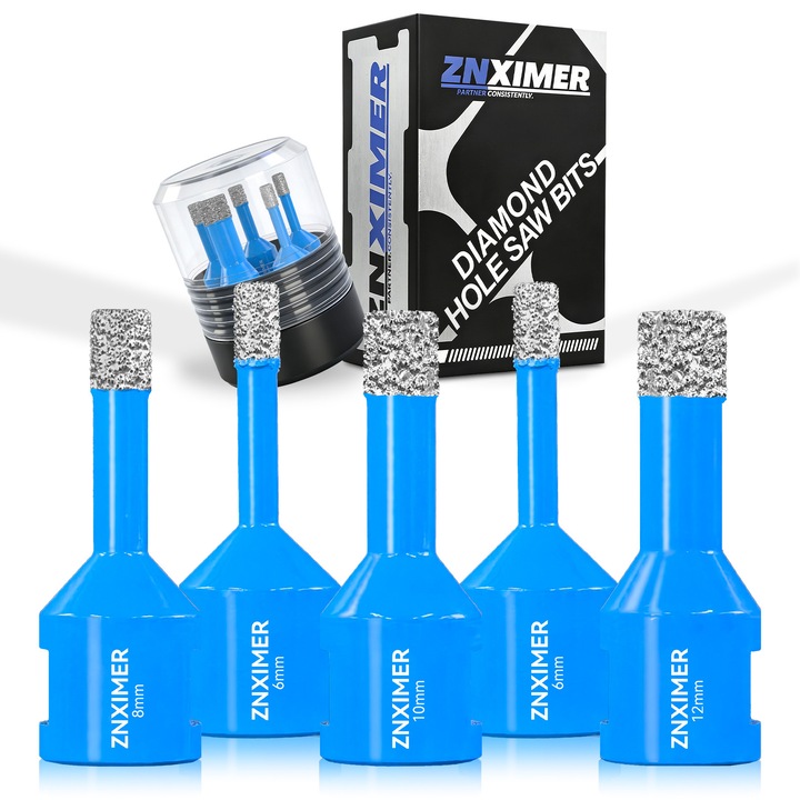 Комплект диамантени боркорони ZNXIMER M14, 5 броя 6/6/8/10/12 мм, за гранитогрес, фаянс, гранит, мрамор, керамика, сухо/мокро пробиване, съвместими с ъглошлайф и бормашина
