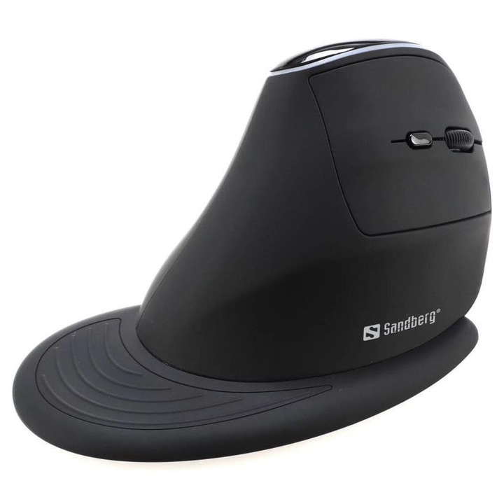 Mouse vertical wireless Sandberg, 1600 DPI, negru, ergonomie, suport pentru încheietura mâinii