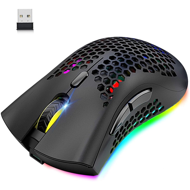 Mouse Wireless Gaming FooFoony, conectare 2.4GHz, 2 butoane programabile, iluminare RGB, negru, 95g