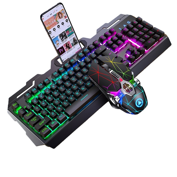 Fém billentyűzet és gamer egér szett, ergonomikus kialakítás, fekete