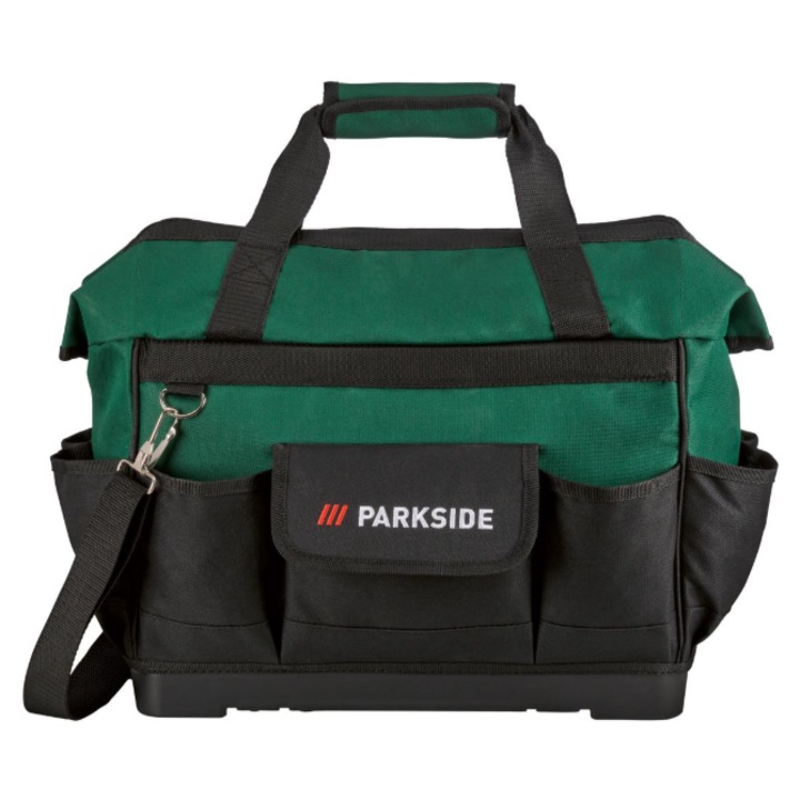 Geanta textila pentru scule, Parkside, Baza din plastic rezistenta la apa, Curea de umar inclusa, acces rapid la unelte, multiple buzunare interne si externe, L 39 x l 18, 5 x I 37 cm, volum 30 l, capacitate incarcare 15 kg, Verde/Negru
