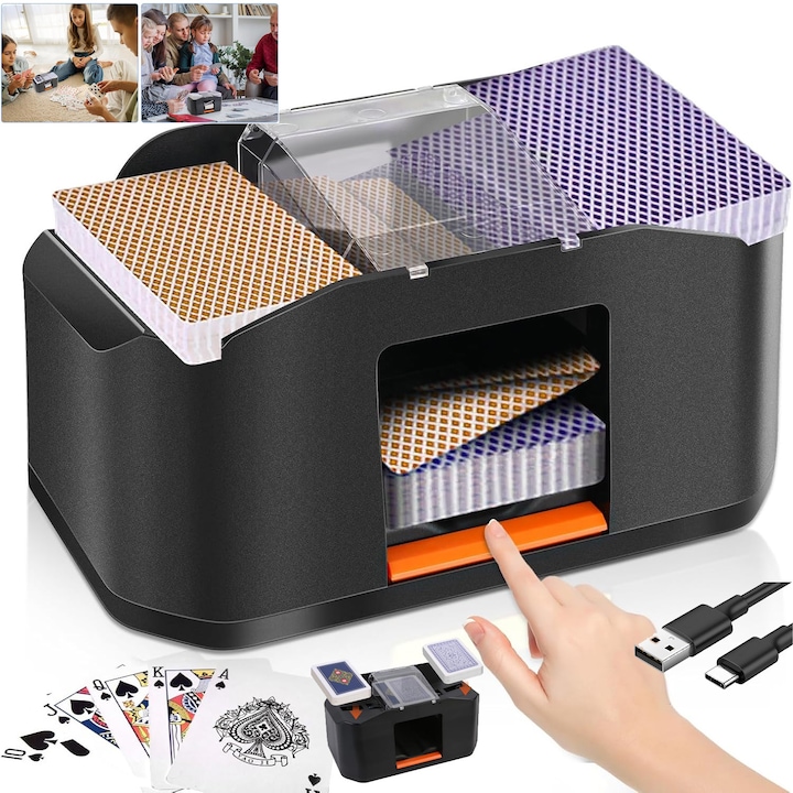 Automata kártyakeverő gép, Újratölthető, Két pakli kártya keverésére alkalmas, Automata 2000 mAh, Elektromos csendes keverő, Texas Hold'em Póker, Blackjack, UNO