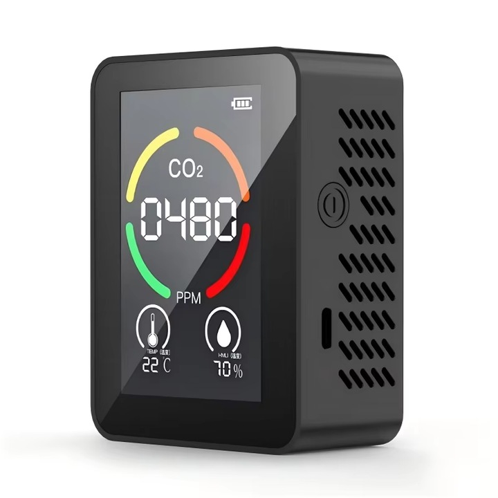 Detector de gaz, Ultrixe, dioxid de carbon, monitor de temperatura si umiditate, reincarcabil, negru