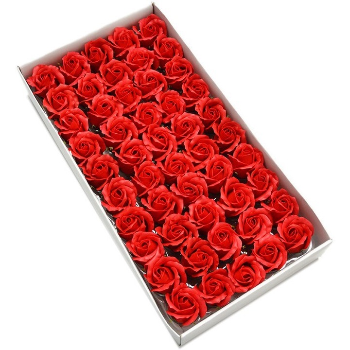 Trandafiri din sapun roșu, cutie 50 buc, 6-7 cm lungime, 7-8 cm diametru