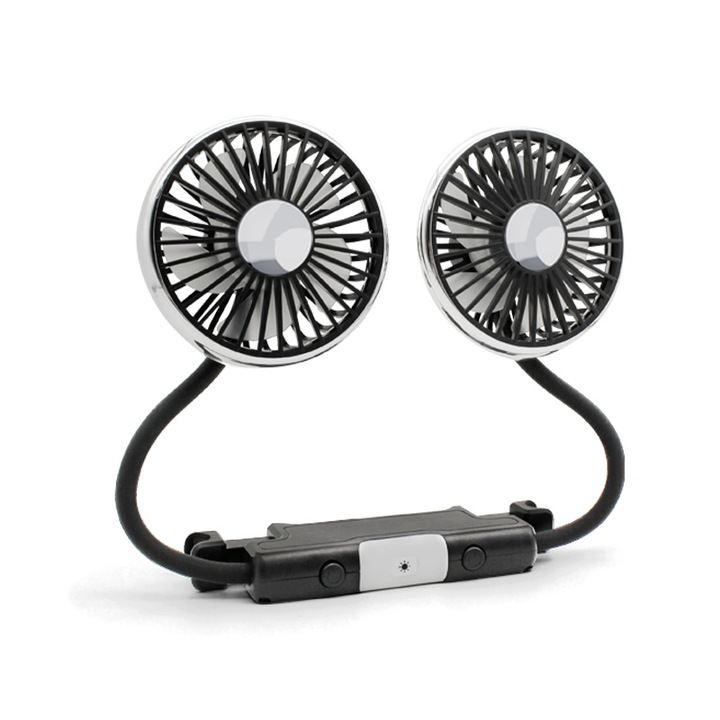 Вентилатор за облегалка за глава за кола, KooFlip, Двоен, Задна седалка, USB 5V, 10W, LED светлина, Въртене на 360 градуса, Сребрист/Черен