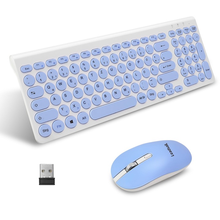 Mouse și tastatură fără fir LeadsaiL, ergonomice, QWERTZ, albastru