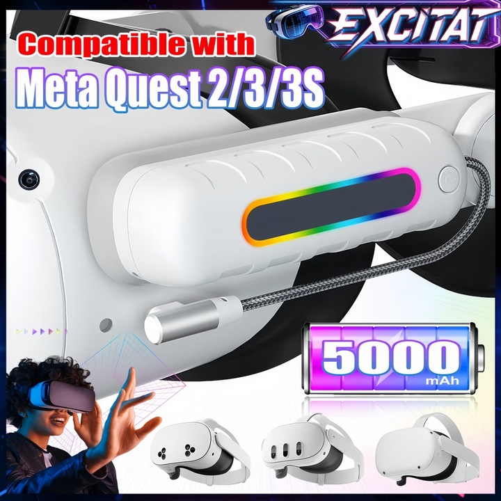 Baterie, Excitat® A8, 5000mAh pentru Quest 2/3/3S, Incarcare Rapida, iluminare RGB multicolora, Design Usor, Compatibilitate T-Type C, Indicatori LED pentru Starea Bateriei, pentru extinderea alimentarii VR, Alb