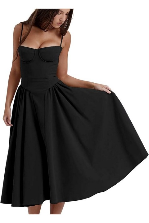 Rochie midi casual pentru femei, Jinsha, negru, mărime L, cu bretele, două buzunare laterale