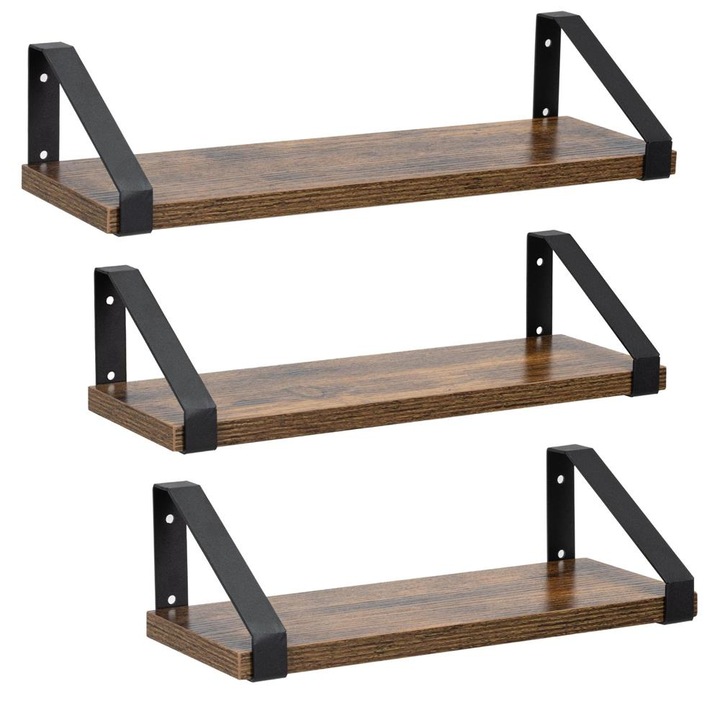 Sersimo fali polc szett, fém és MDF, 30x12cm, 35x12cm, 40x12cm, fekete és barna