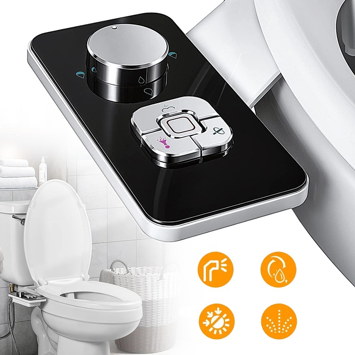 Приставка за биде, приставка за тоалетна седалка с биде, студена вода, неелектрическа, с контрол на налягането, самопочистващи се двойни прибиращи се дюзи за предно и задно измиване - Черно