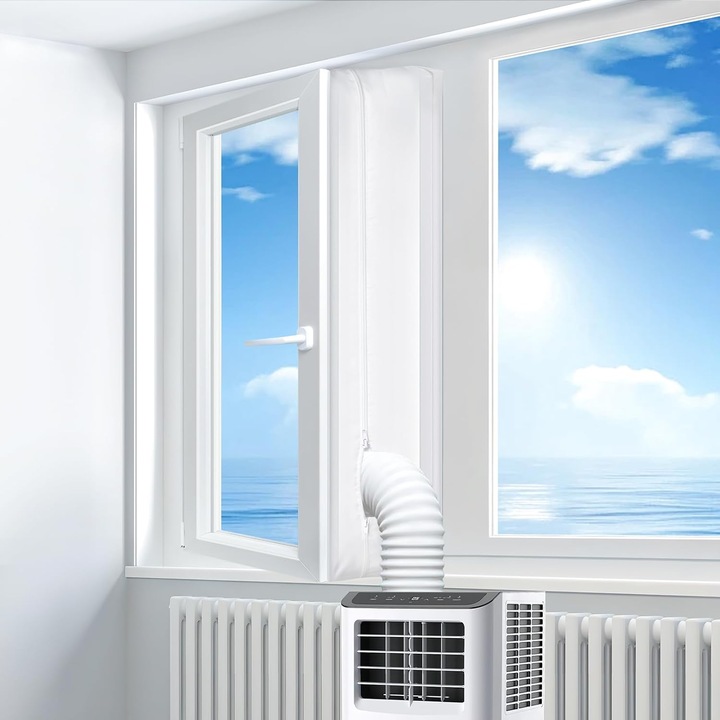 Kit portabil de etansare pentru geamuri de aer conditionat, cadru de 400 cm, protectie impotriva aerului cald, fermoar si adeziv, sigur pentru uscator, mentine casa racoroasa