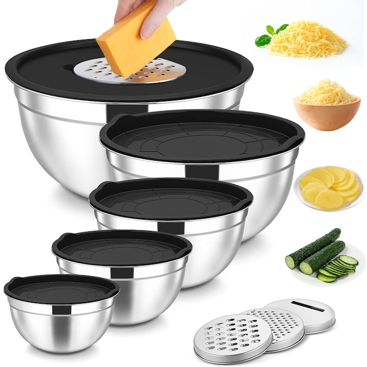 5 Rozsdamentes Acél Keverőtál Készlet, Fém Salátás Tálak, Fekete Légmentesen Záródó Fedéllel és 3 Reszelő Tartozékkal, Kiválóan Alkalmas Főzéshez, Sütéshez, Tálaláshoz, Ételkészítéshez