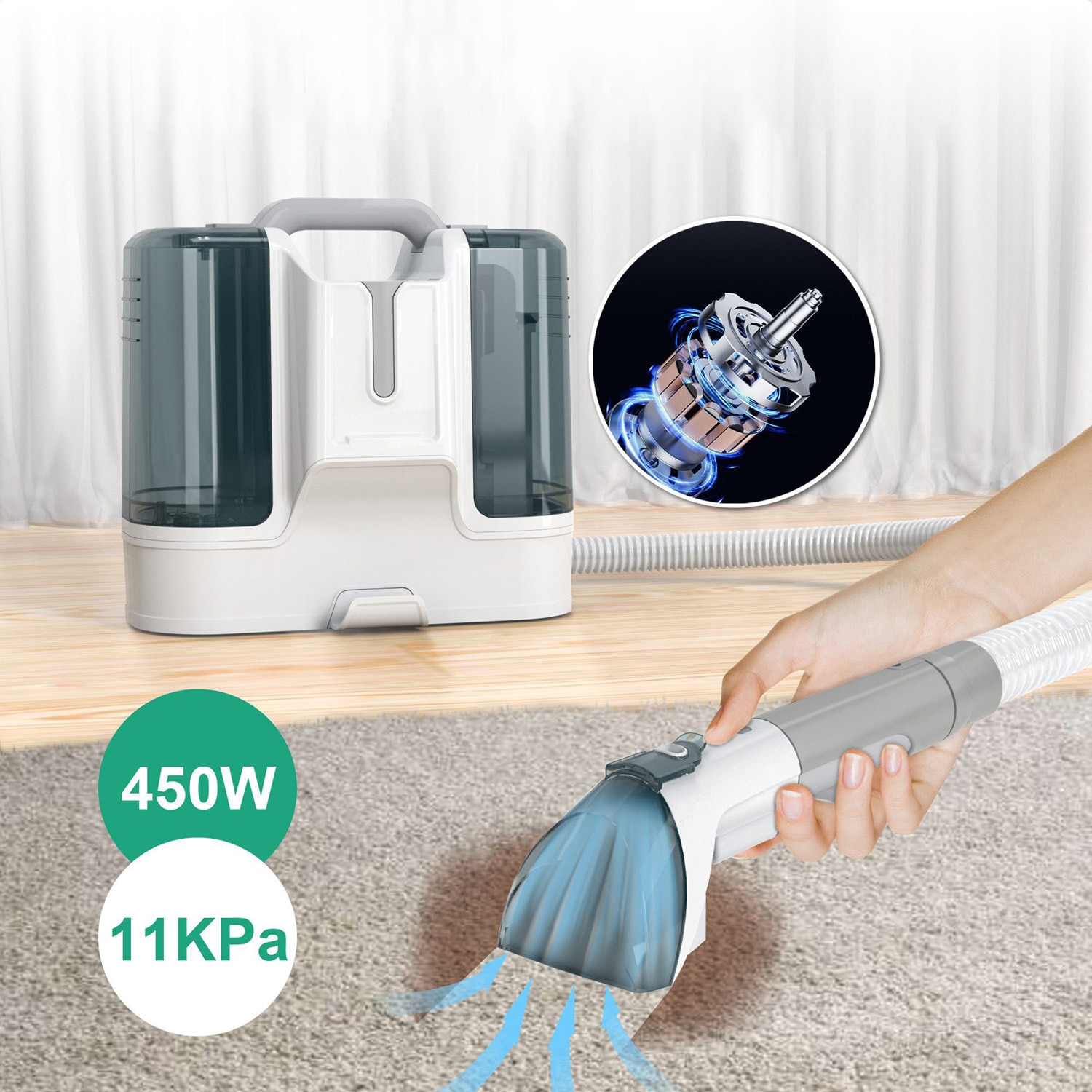 Aspirator profesional cu spalare Bedee, 450W, putere aspirare 11kPa, rezervor apa 1.8L, rezervor apa murdara 0.6L, portabil, umed si uscat, dimensiuni 335x235x305mm