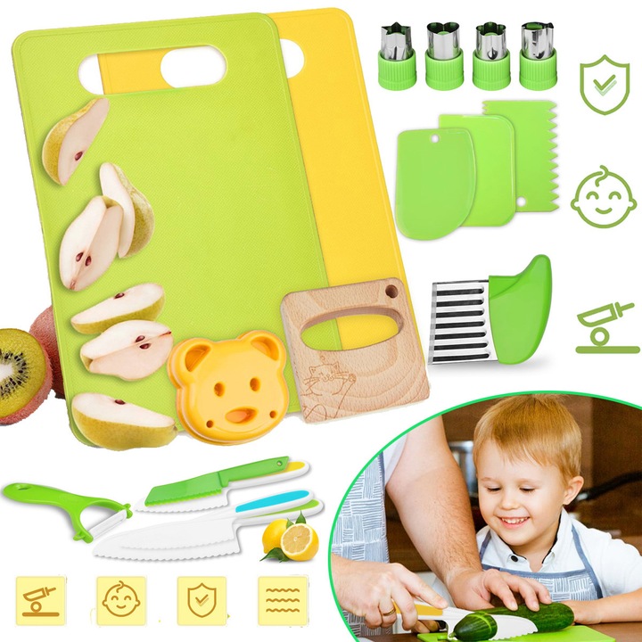 Montessori Konyhai Játékok 17 Darabos Lányoknak és Fiúknak 3-12 Éves Korig, Valódi Játék Készlet Kisgyermekeknek Valódi Főzéshez Biztonságos Műanyag Késekkel, Hullámos Késekkel, Vágódeszkával