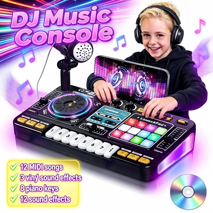 Set complet DJ pentru copii cu Microfon, Excitat®, Bluetooth, mixer, plachete rotative, 12 piste MIDI, 12 taste de efect, instrumente de percutie colorate, pian, Lumini Colorate, Jocuri Interactive, Jucarie Educativa Sigura pentru Copii 3–8+ Ani