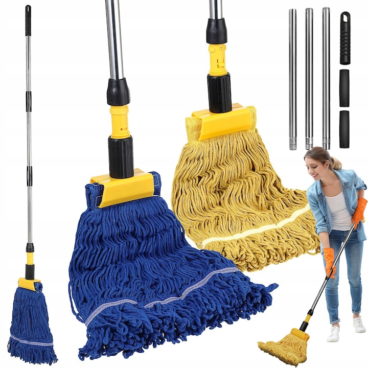 Mop Cu maner lung din otel inoxidabil, 2 capete de mop pentru acasa, birou, atelier, depozit, garaj，Maner de mop *3, clema de mop *1, cap de mop galben *1, cap de mop albastru *1