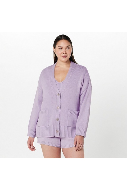 Cardigan gros, scurt din amestec de bumbac Brigitte dama, lila, marime 2XL, The Drop