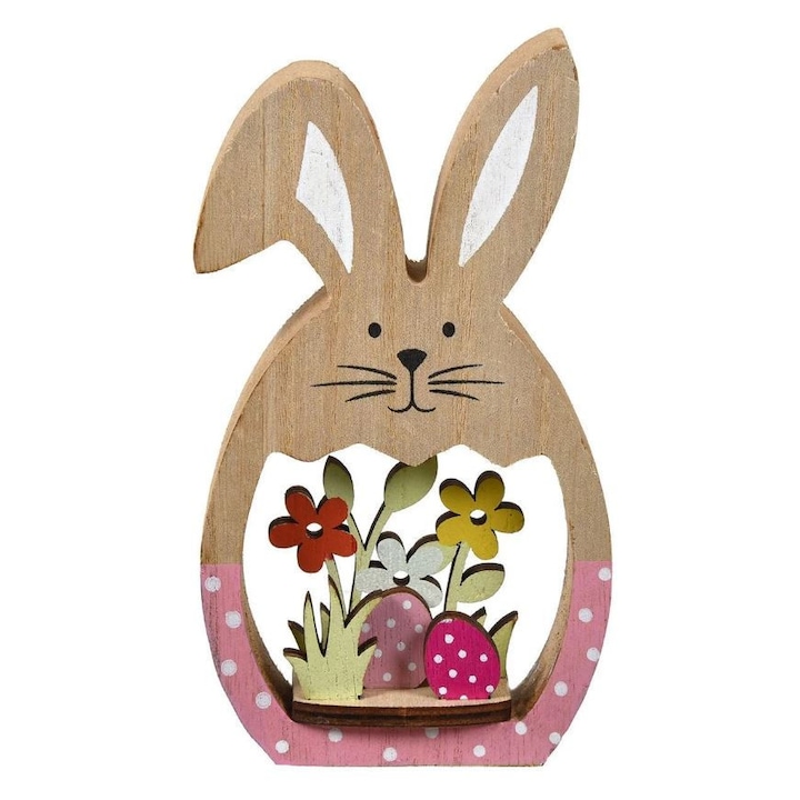 Decorațiune de Paște, iepuraș din lemn în ou roz, cu flori, 15 cm