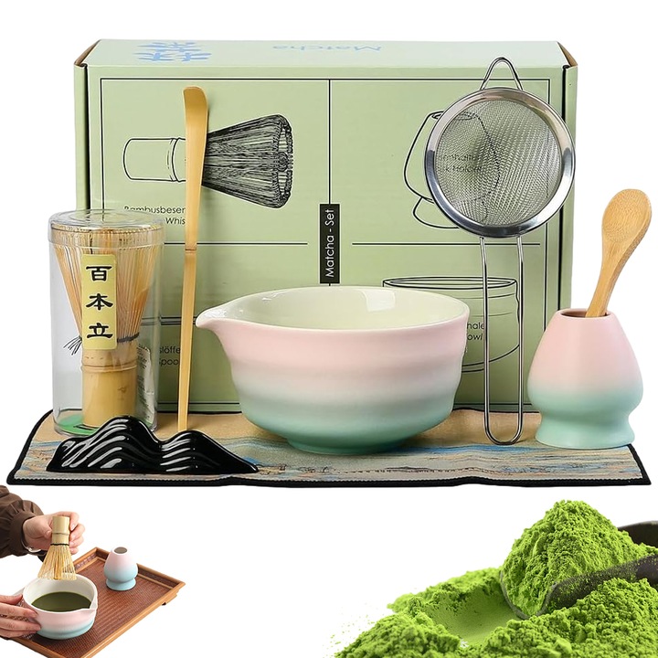 Set de ceai Matcha, bedee, suport pentru whiskey matcha, whiskey matcha din bambus, lingura, sita, cadou unic pentru iubit si iubita, decoratiune pentru bucatarie, 8 piese, ceramica