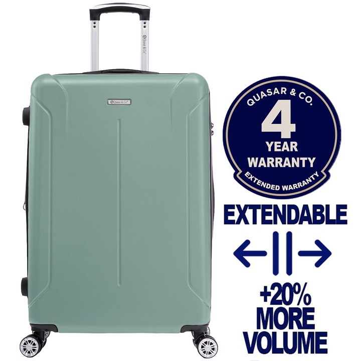Troler mare extensibil Quasar & Co.®, 76,5x51x32-37cm, bagaj de cala, troller avion cu fermoar antifurt, cifru, maner telescopic, geamantan cu 4 roti duble silentioase 360°, valiza ABS 3 mm, 2 compartimente cu buzunar, SMART, turcoaz deschis