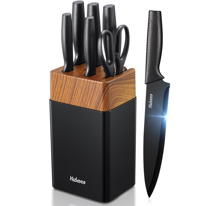 Set bloc de cutite Yabano, 7 piese, negru, cu ascutitor integrat, 13, 82x6, 93x4, 8cm