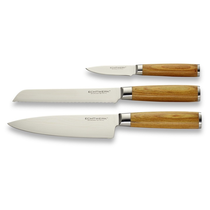 Set de cutite Echtwerk damasc 3 piese, otel damasc, manere lemn Pakka, maro/argintiu, cutie depozitare