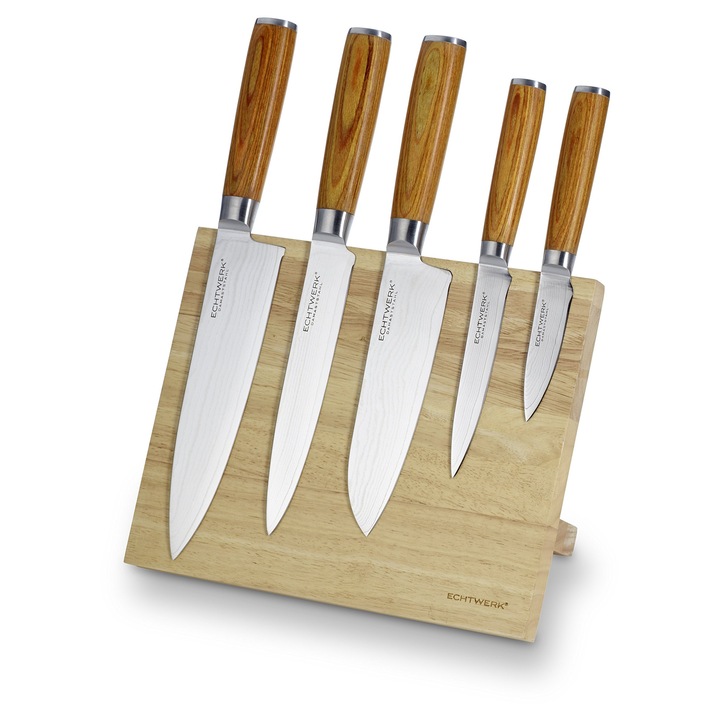 Set cutite damasc Echtwerk 6 piese, inclusiv bloc magnetic din lemn, manere din lemn Pakka