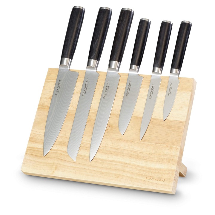 Set de cuțite damasc Echtwerk, 7 piese, manere lemn Pakka, bloc magnetic lemn