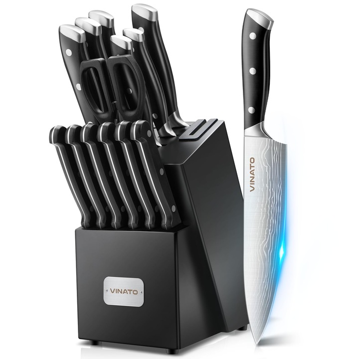 Set de cutite VINATO 14 piese, aspect damasc, cu ascutitor, pentru bucatarie