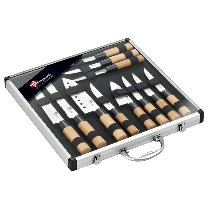 Set de cutite Pradel Excellence, 11 bucati, 5 cutite japoneze + 6 cutite pentru friptura, lame din otel inoxidabil, maner din bambus