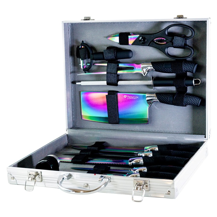 Set tacâmuri Pradel Excellence, 12 bucăți, lame din oțel inoxidabil cu acoperire de titan, mânere din polipropilenă, 14, 06x12, 44x3, 19cm