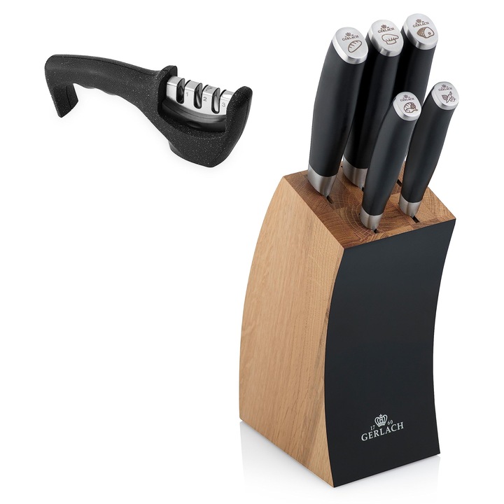 Set de cutite de bucatarie Gerlach, 5 cutite din otel inoxidabil, bloc din lemn de fag, dimensiuni 15, 35x8, 35x6, 46cm
