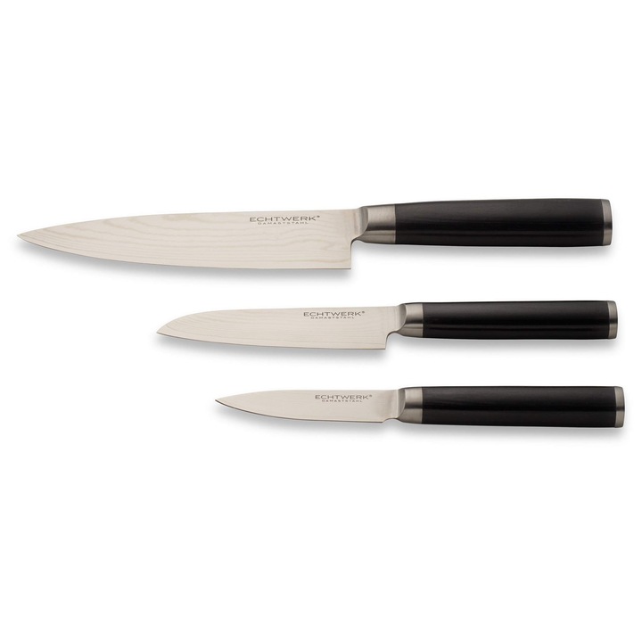 Set cutite Echtwerk Damasc, 3 bucati, otel Damasc, manere din lemn Pakka