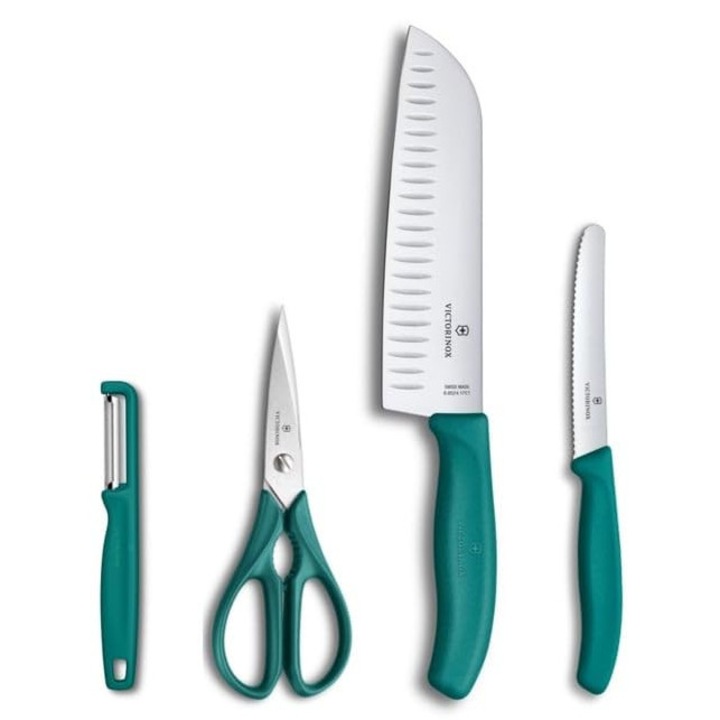 Set de bucătărie profesionist Victorinox Classic, 4 piese, cutite santoku și roșii, lame 7-17 cm, manere plastic, negru