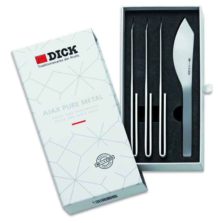 Set de cutite pentru friptura F.DICK Pure Metal Ajax, 4 piese, lama larga, tais curbat, gri, 22 cm